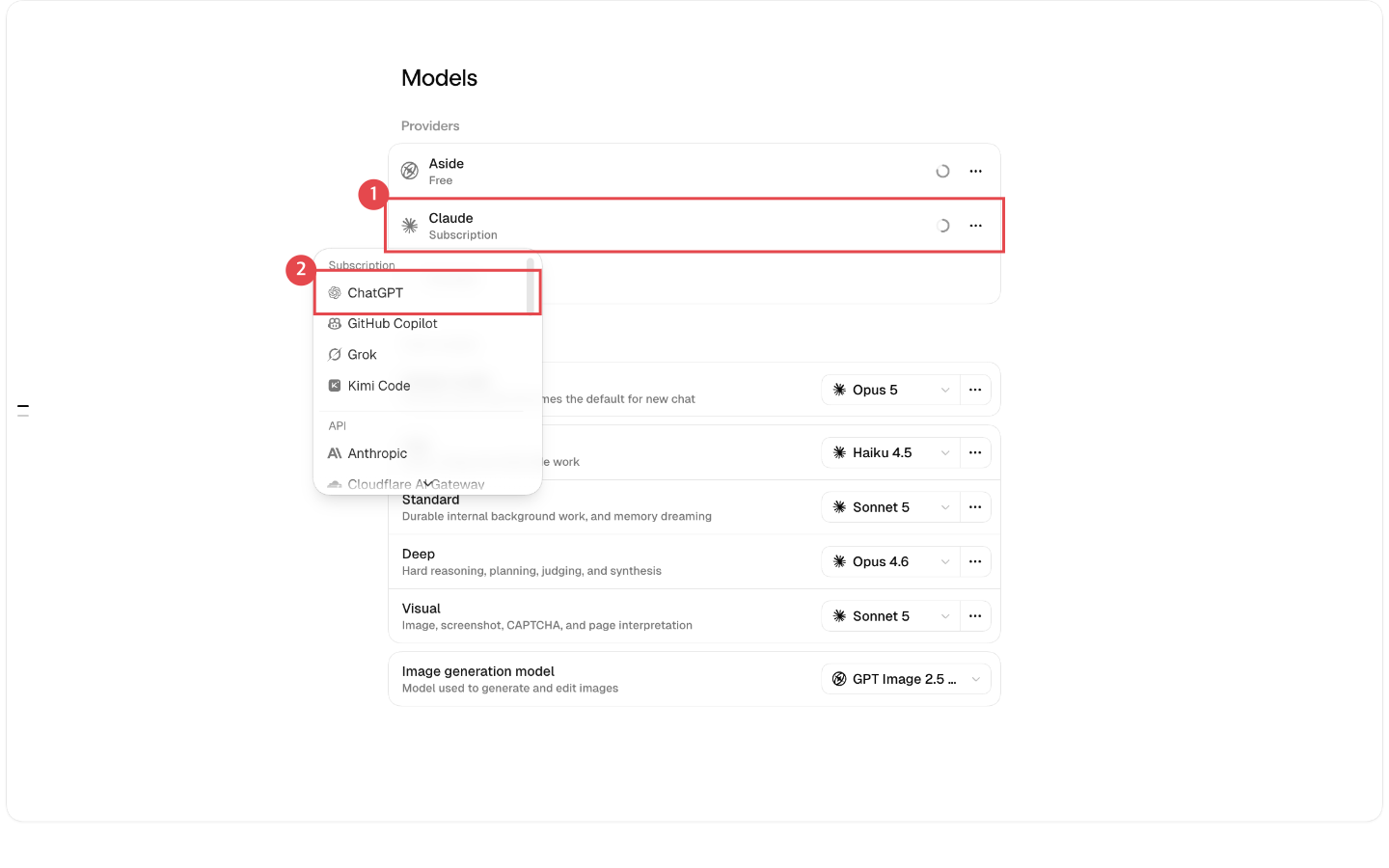 Settings > Models의 Providers 섹션 - 연결된 Claude 행과 Connect 메뉴의 ChatGPT
