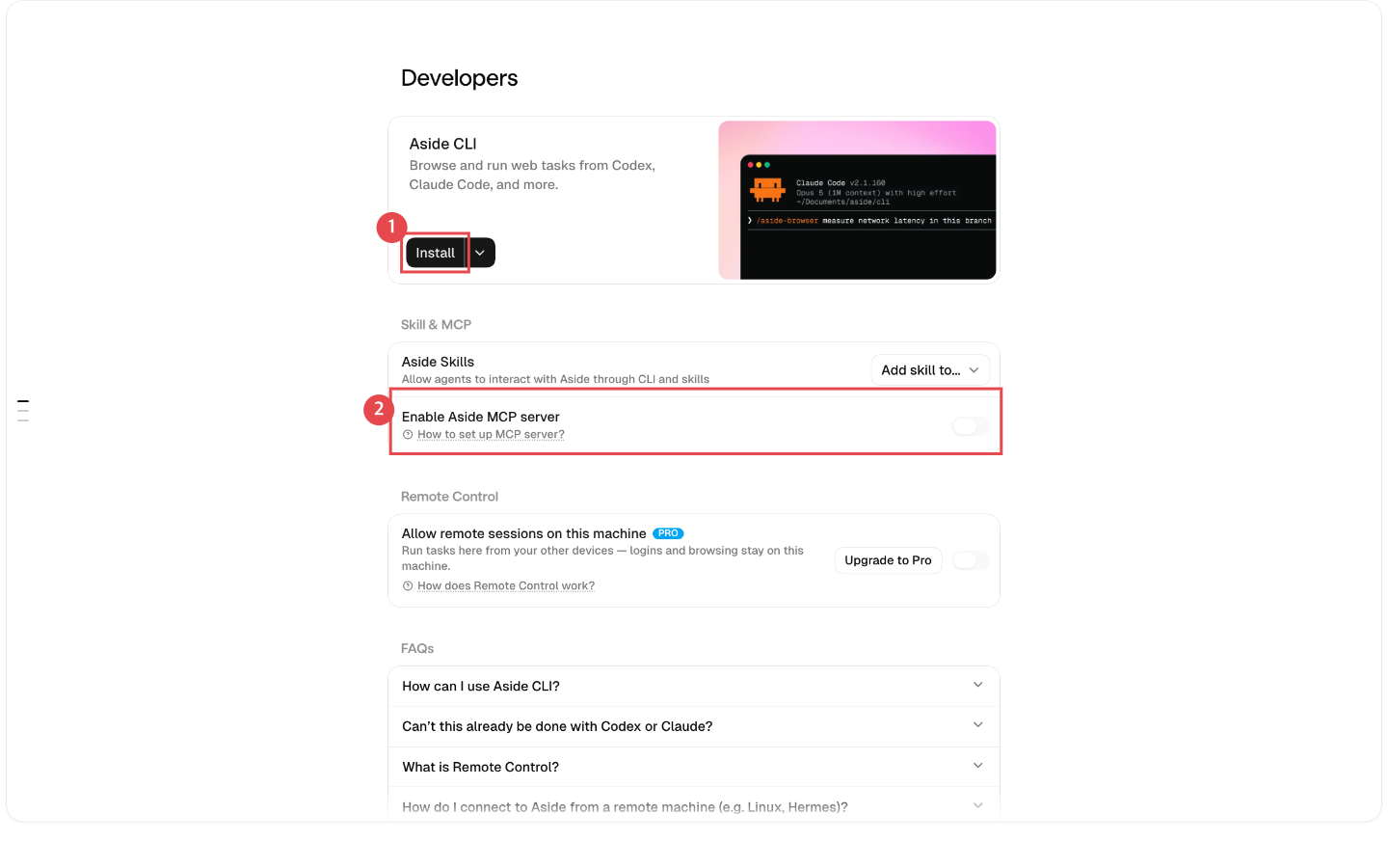 Aside 설정 Developers 화면 - CLI Install 버튼과 MCP 서버 설정