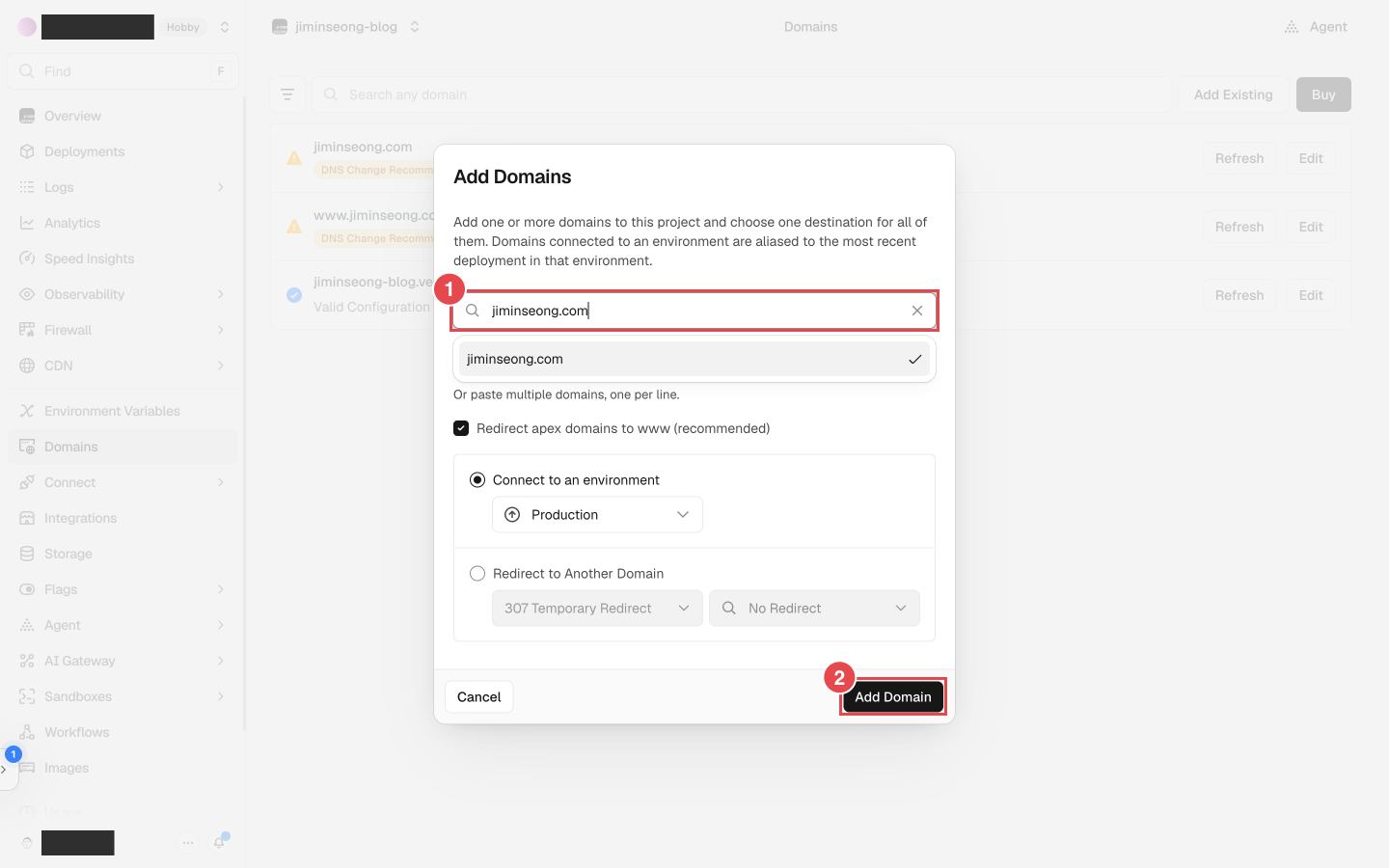 Vercel Add Domains 팝업 - 도메인 입력칸과 Add Domain 버튼