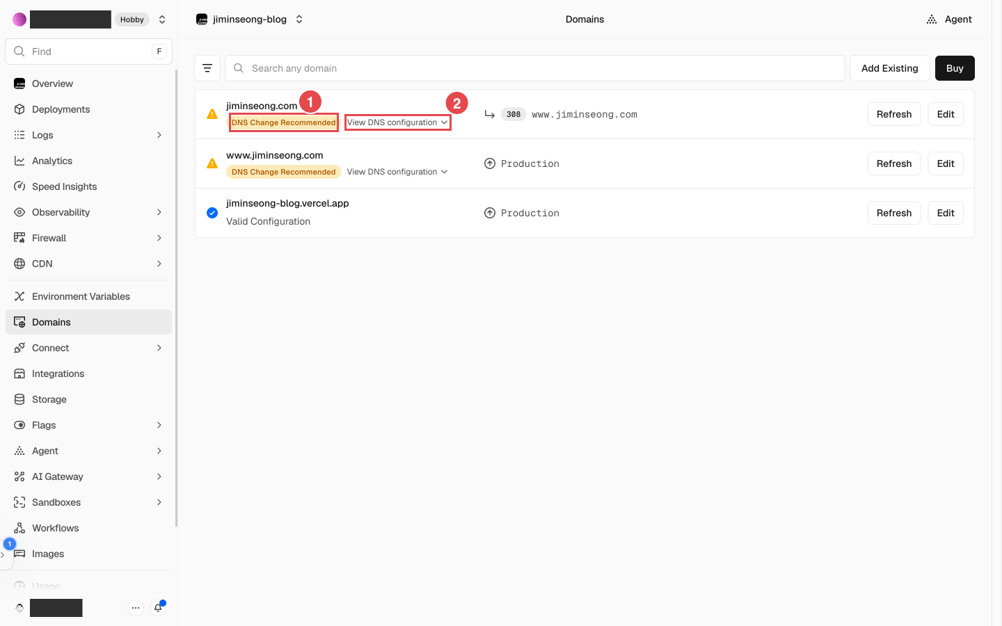 Vercel 도메인 카드 - DNS Change Recommended 배지와 View DNS configuration