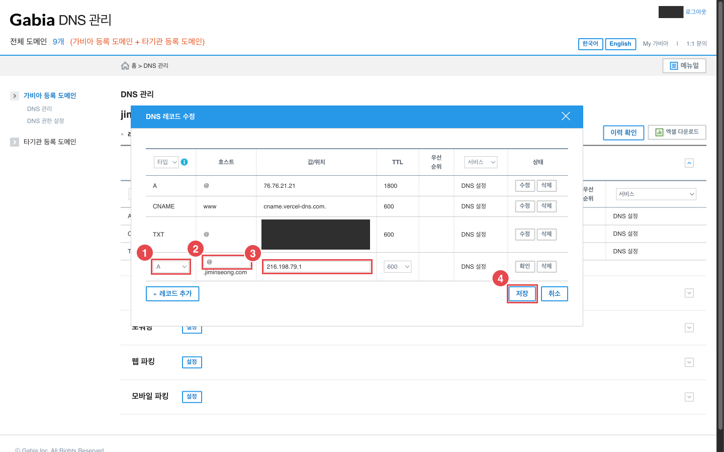 가비아 DNS 레코드 수정 - 새 줄에 타입 A, 호스트 @, IP를 입력한 상태와 저장 버튼