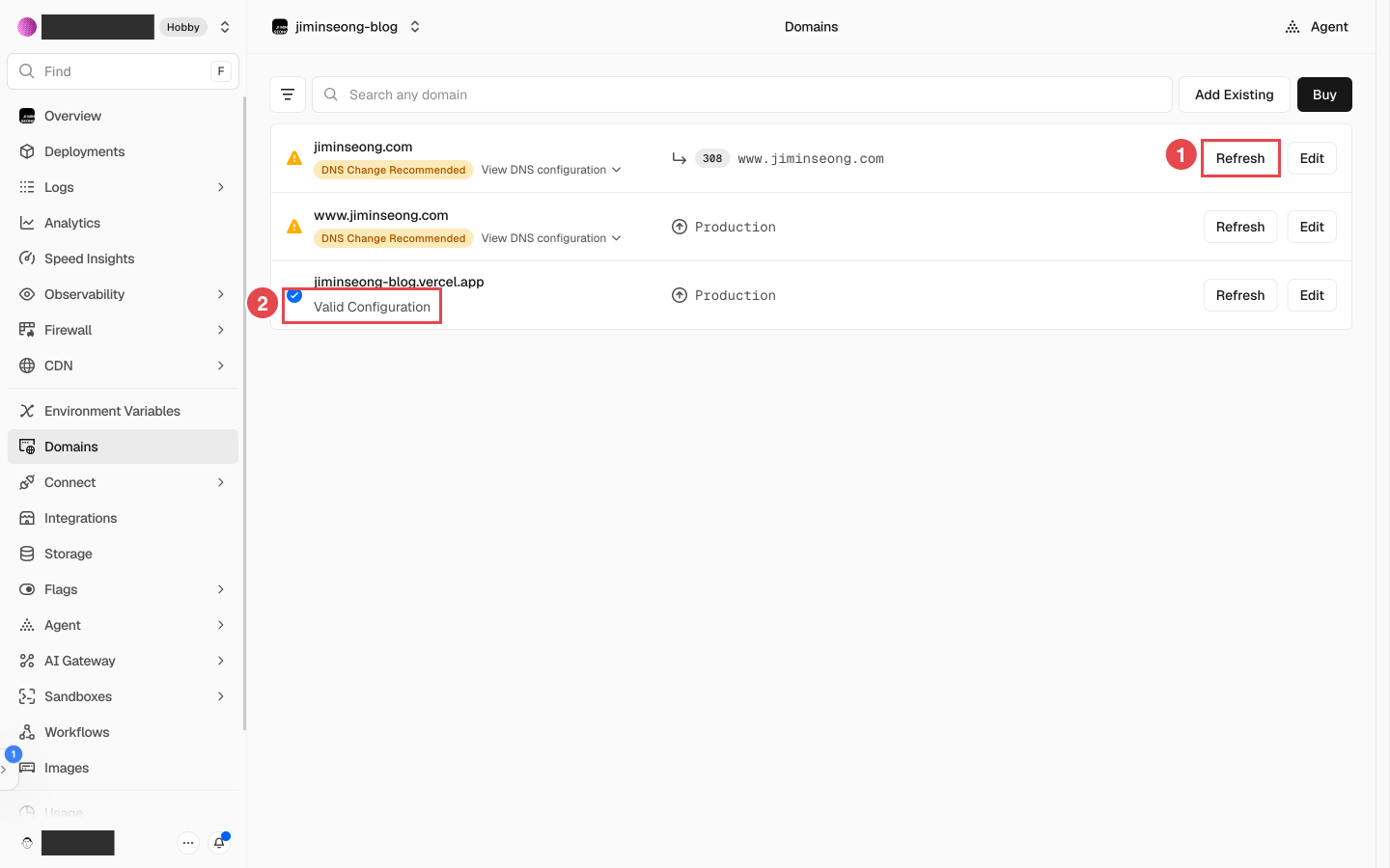 Vercel Domains 화면 - Refresh 버튼과 Valid Configuration 표시